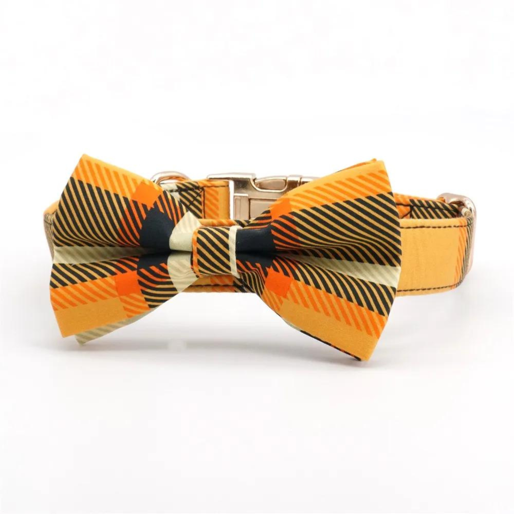 Personalized Mustard Plaid Dog Bow Tie Collar