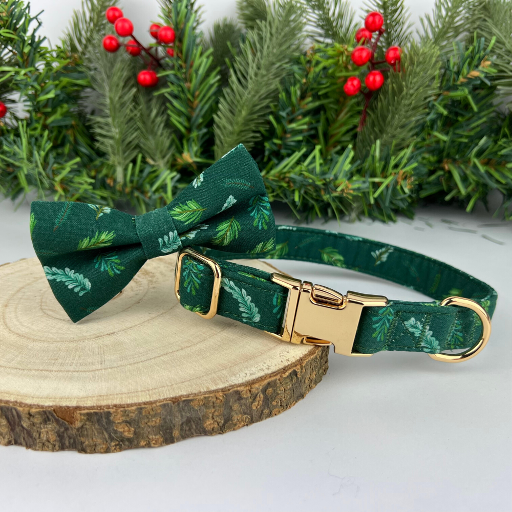 Personalized Pine Boughs Dog Bow Tie Collar & Leash
