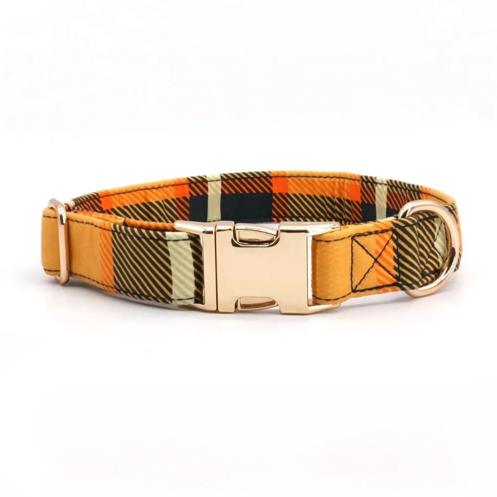 Personalized Mustard Plaid Dog Bow Tie Collar & Leash