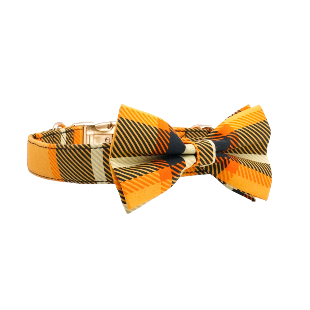 Personalized Mustard Plaid Dog Bow Tie Collar & Leash