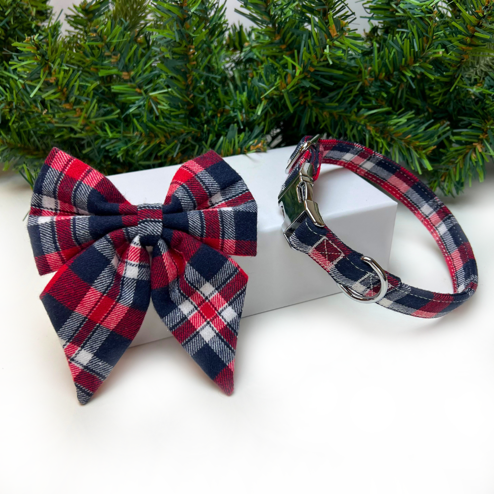 Personalized Red Plaid Dog Sailor Bow Tie Collar