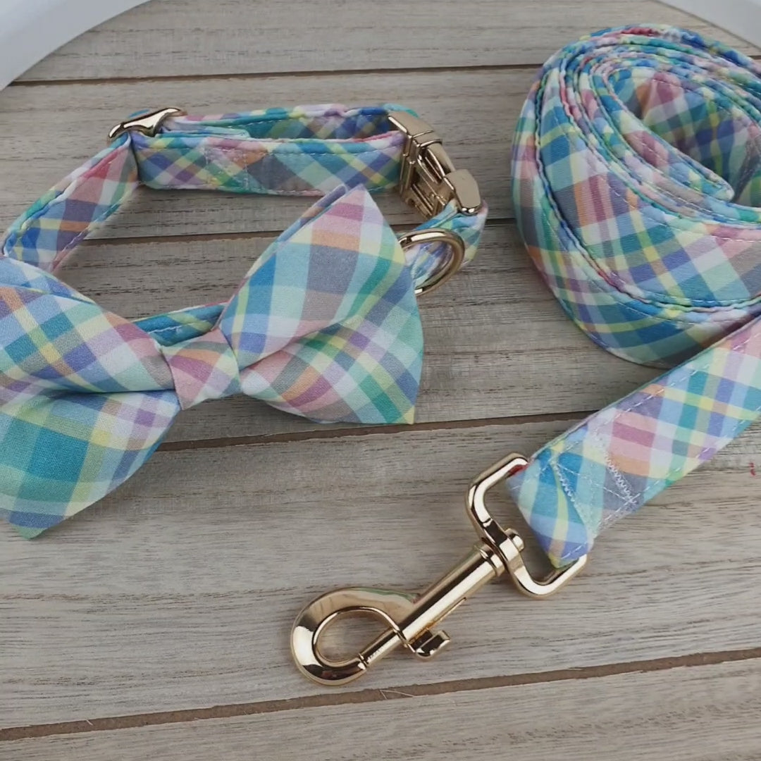 Personalized Rainbow Pastel Plaid Dog Bow Tie Collar & Leash
