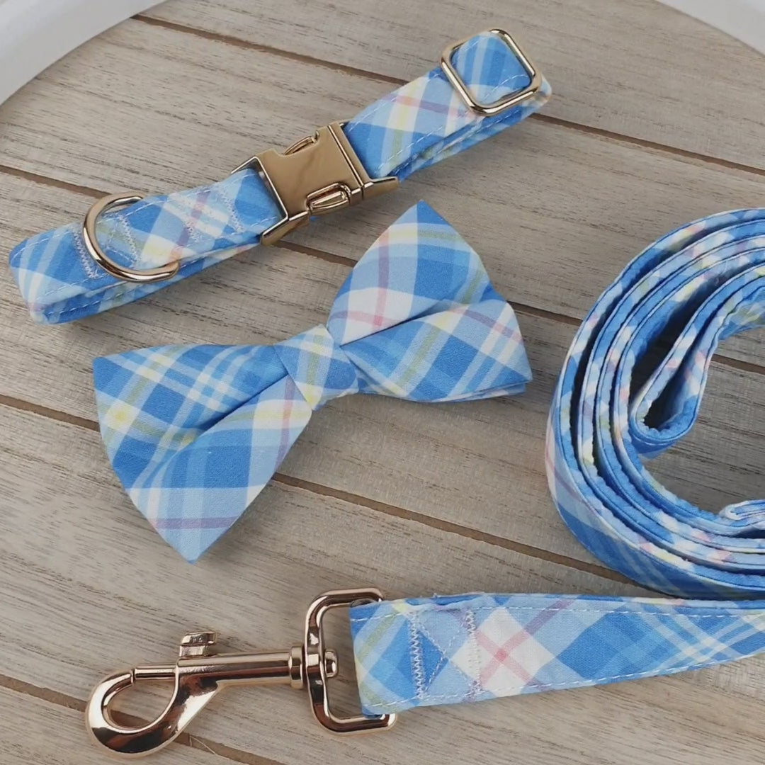 Personalized Blue Pastel Plaid Dog Bow Tie Collar