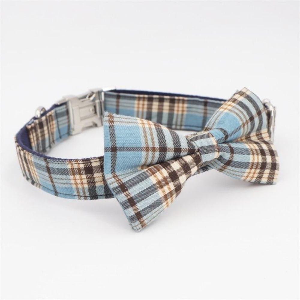 Personalized Blue Plaid Bow Tie Collar