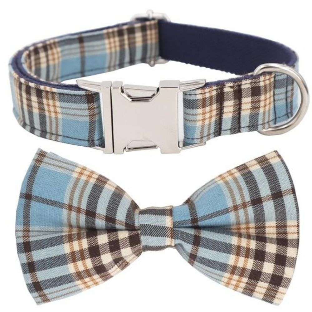 Personalized Blue Plaid Bow Tie Collar & Leash