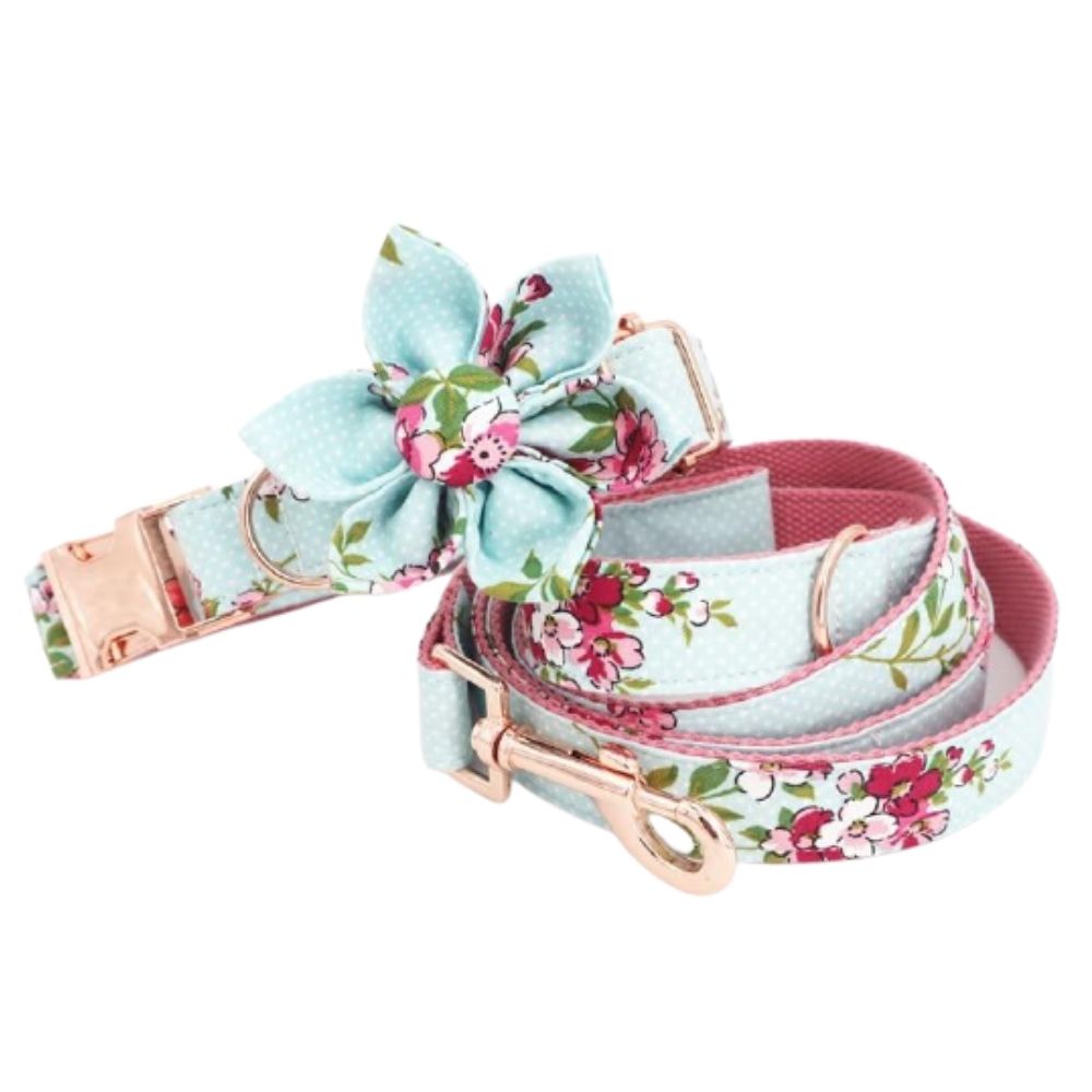 Personalized Blue Floral Dog Flower Collar & Leash