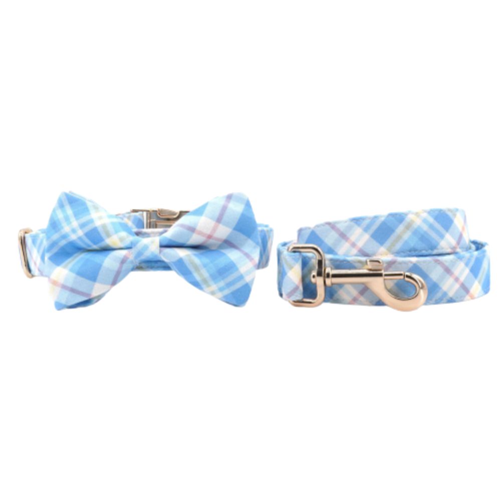 Personalized Blue Pastel Plaid Dog Bow Tie Collar & Leash
