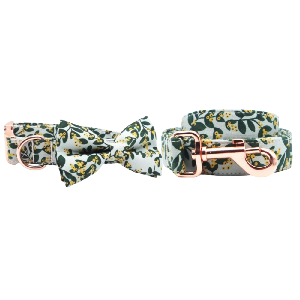 Personalized Yellow Mistletoe Bow Tie Collar & Leash