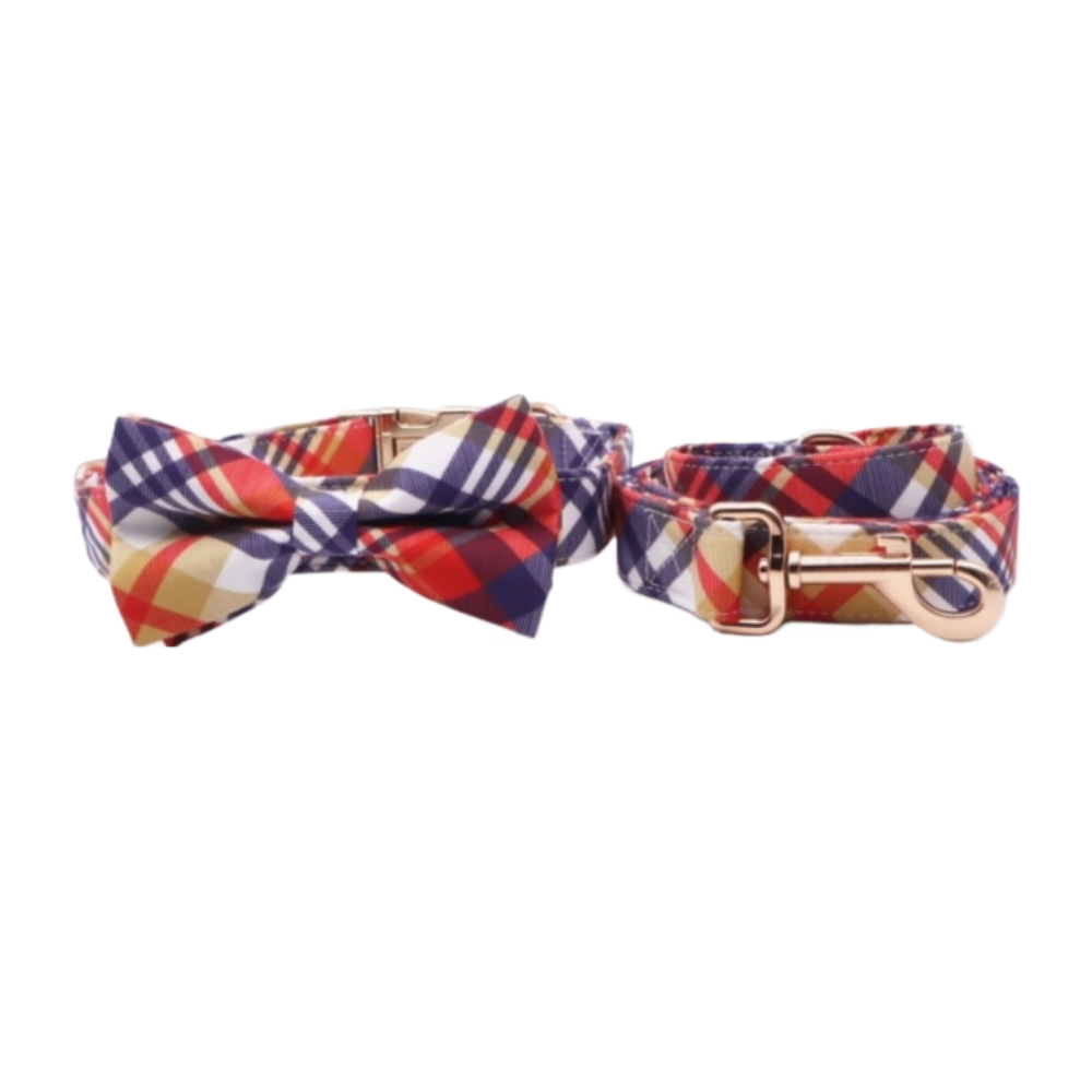 Personalized Autumn Plaid  Dog Bow Tie Collar & Leash