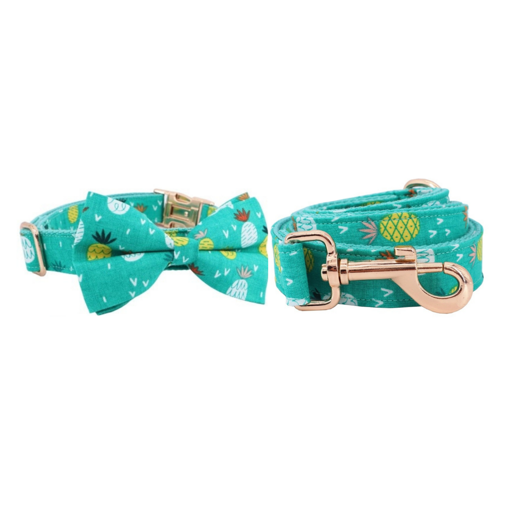 Personalized Turquoise Pineapple Dog Bow Tie Collar & Leash