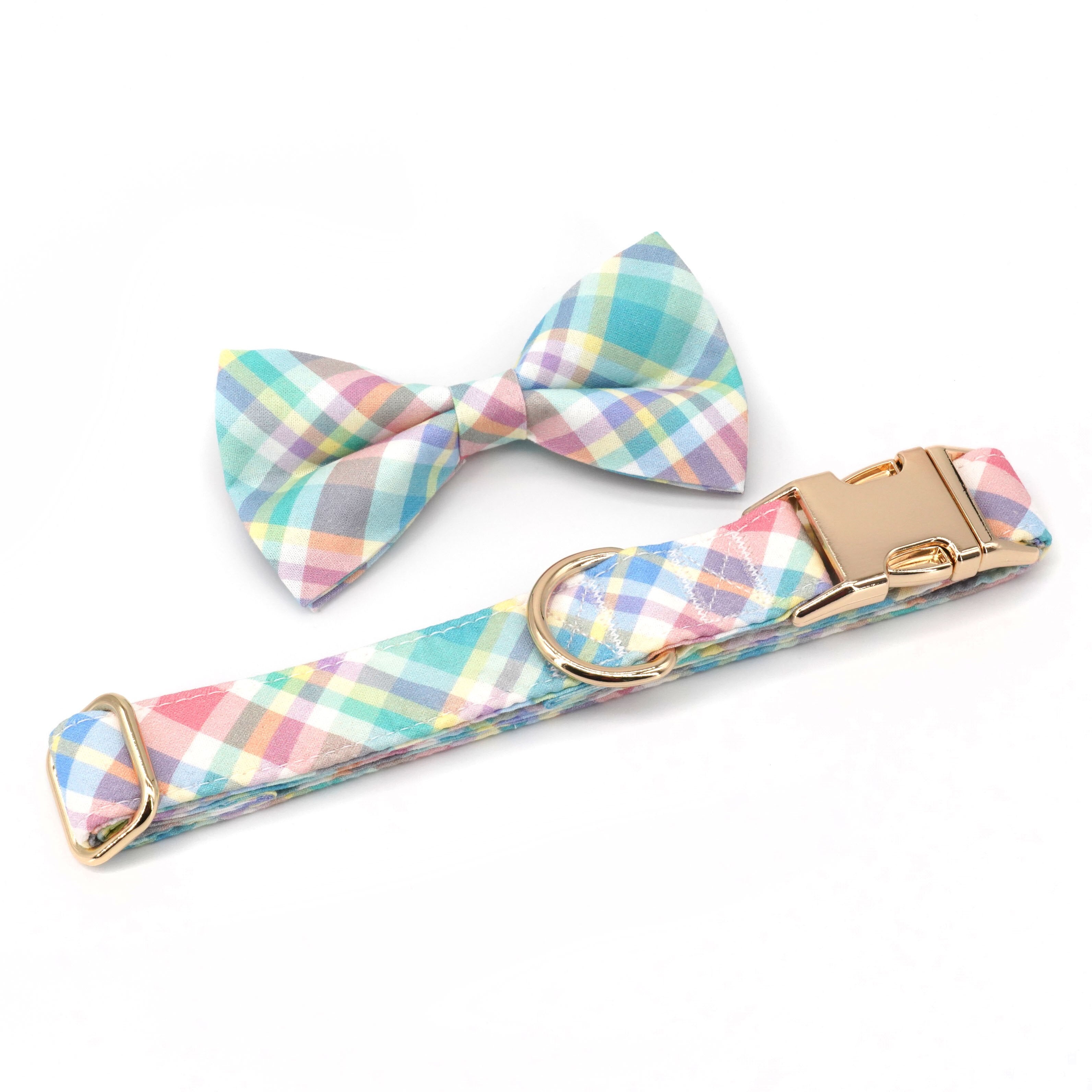 Personalized Rainbow Pastel Plaid Dog Bow Tie Collar & Leash